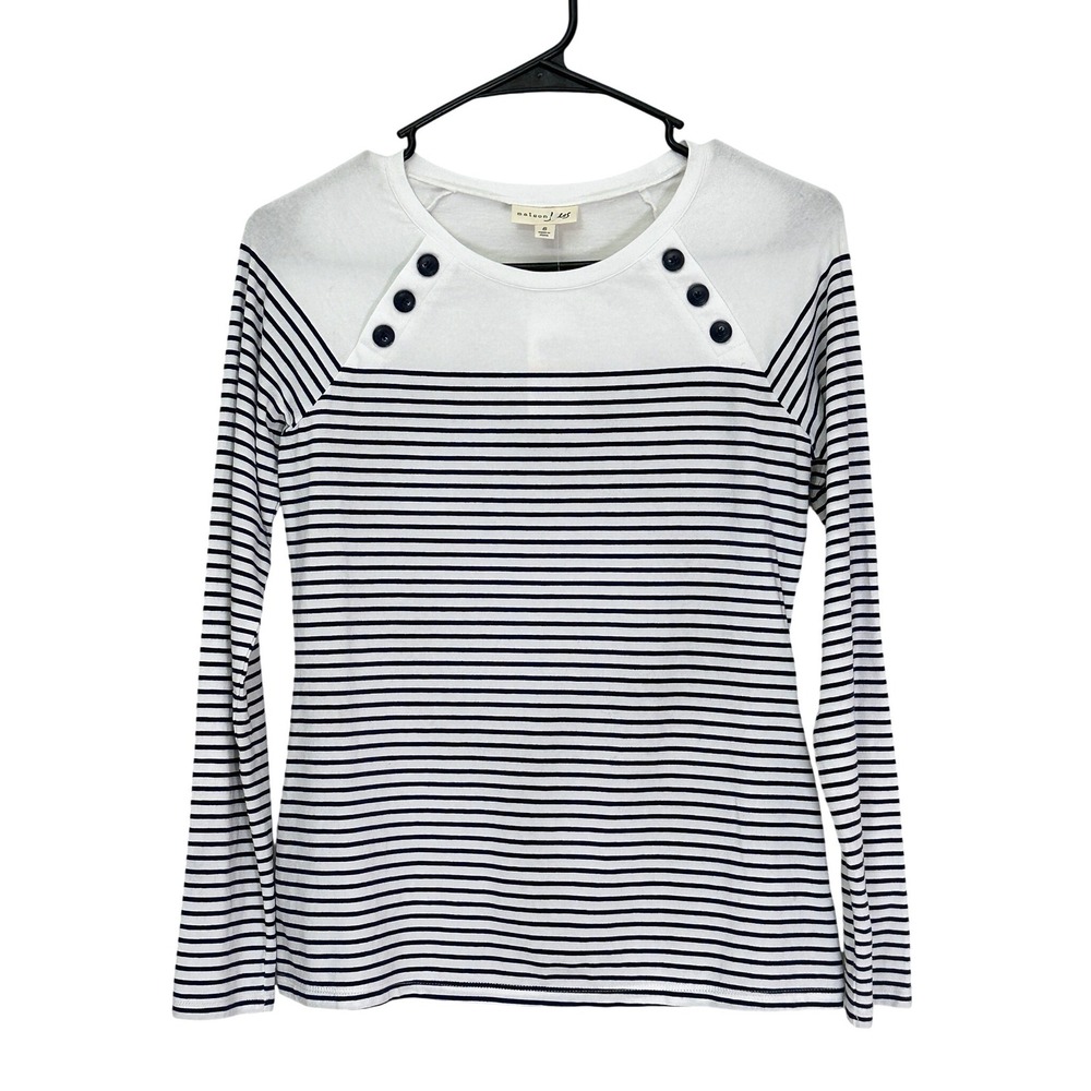 Maison Jules Striped Top Women S White Navy Blue Button Shoulder Nautical Sailor